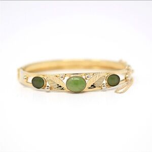 Vintage Signed Russell 12kt GF Nephrite Jade Cabochon Cuff Bracelet